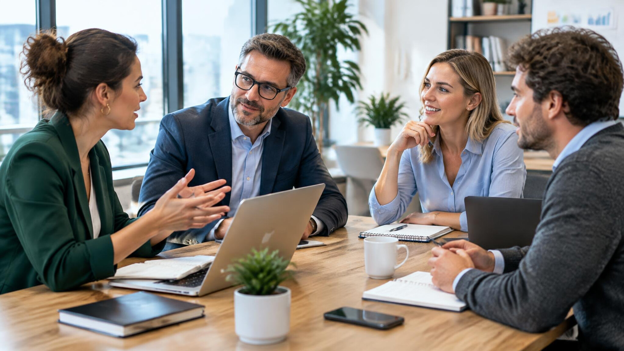 Group of colleagues having a discussion around a table
