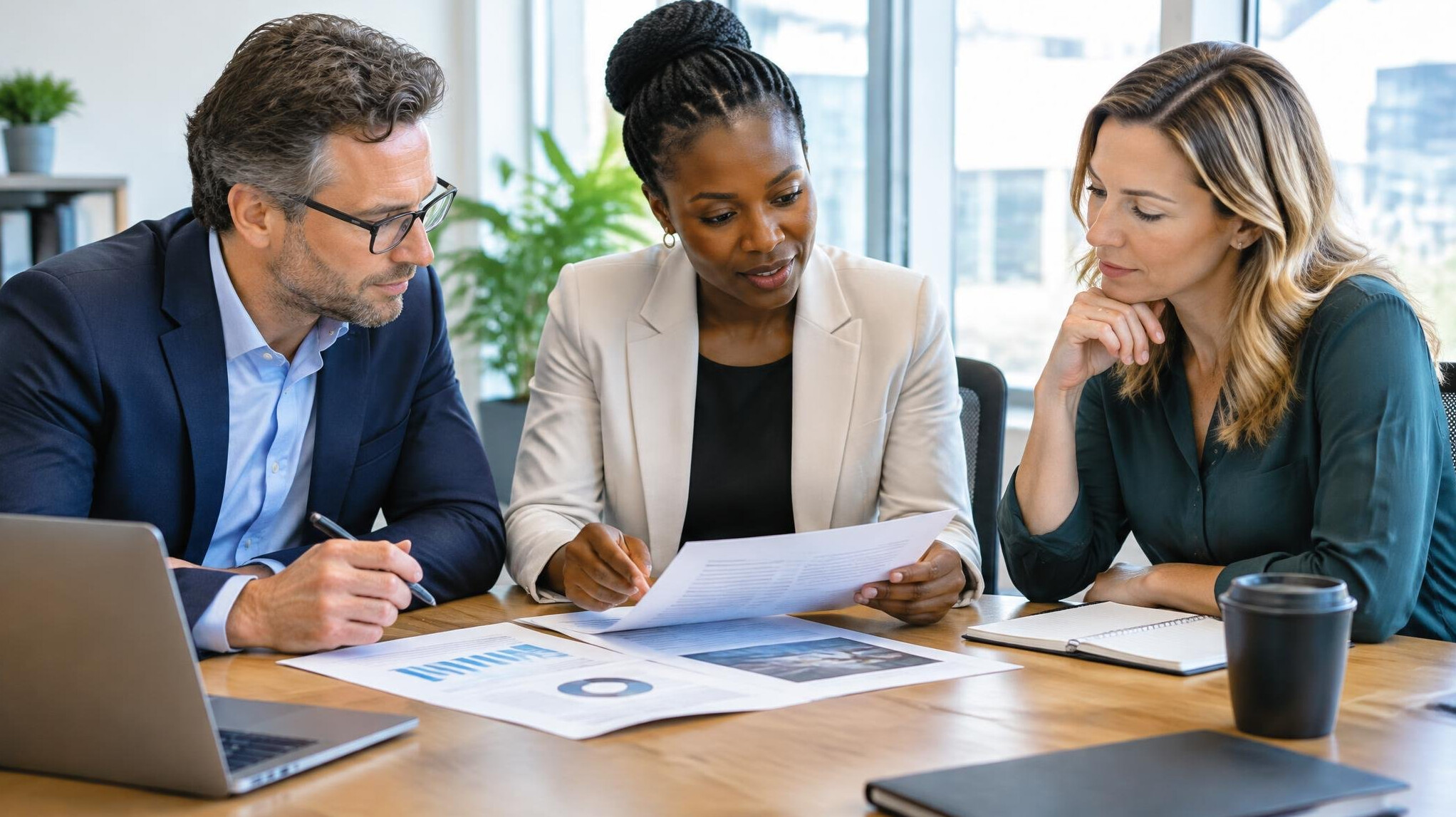 Small group discussing documents around a conference table