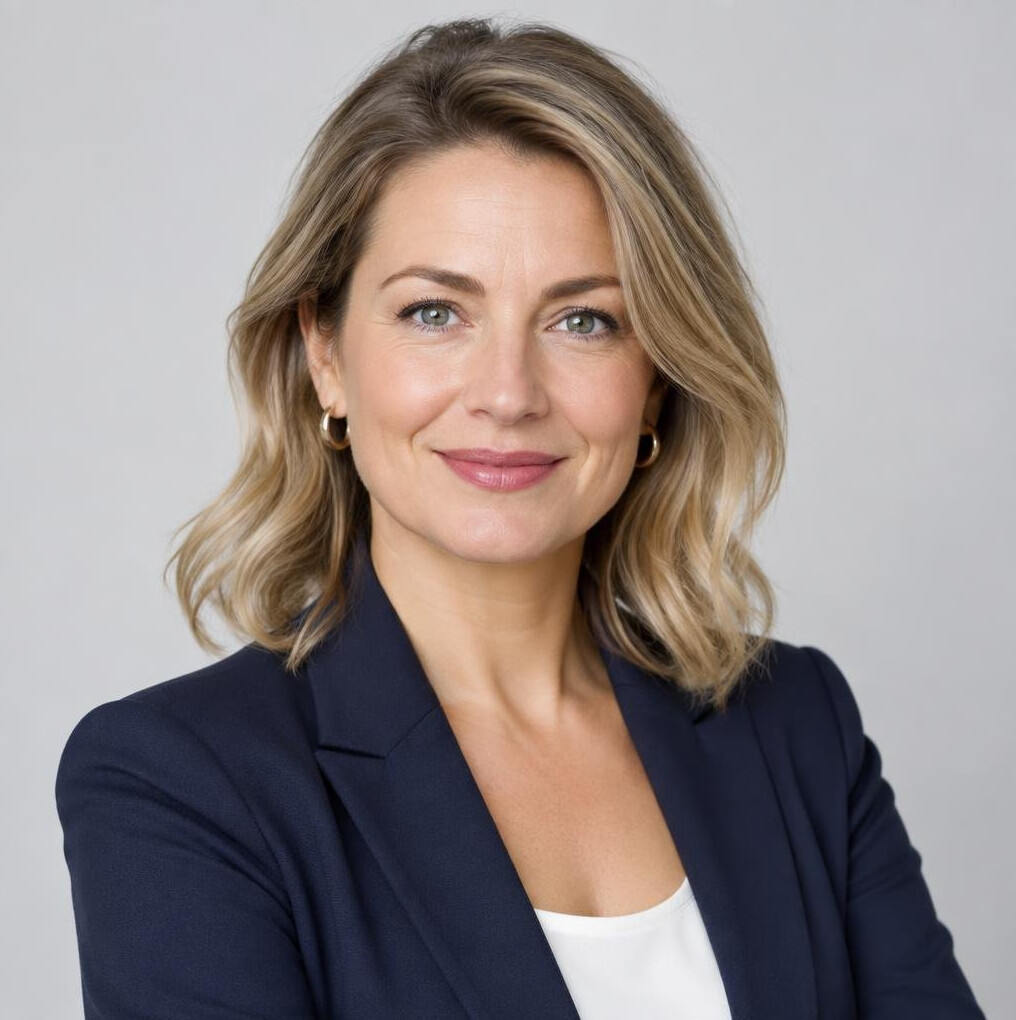 Studio portrait of a smiling European businesswoman in her 40s