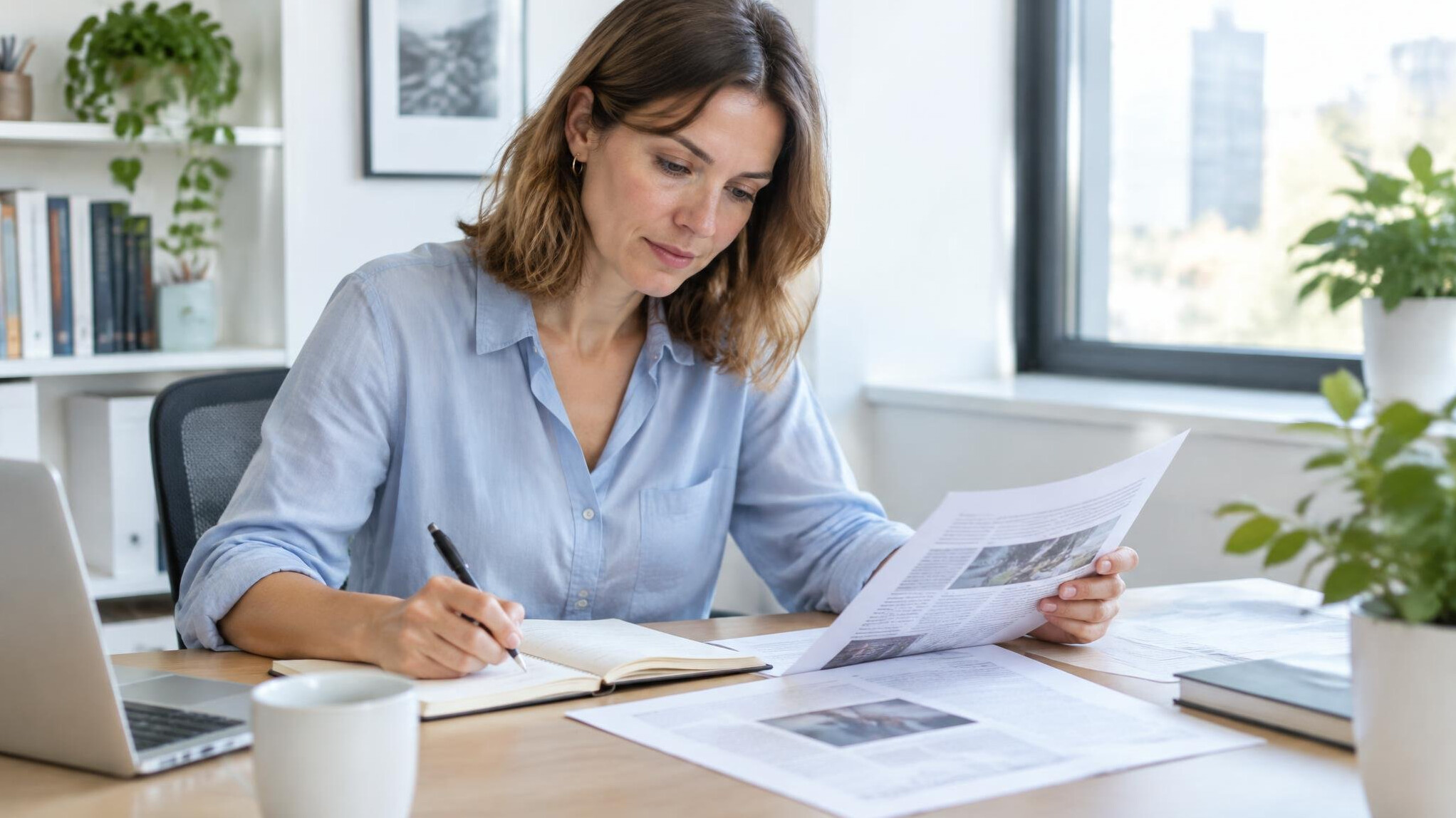 Person writing notes while reading articles at a desk