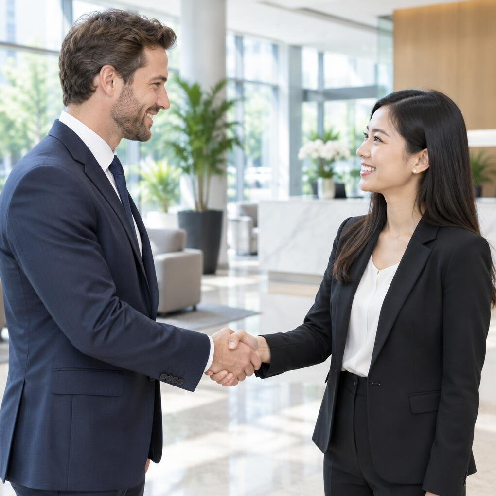 Two business professionals shaking hands after a successful negotiation