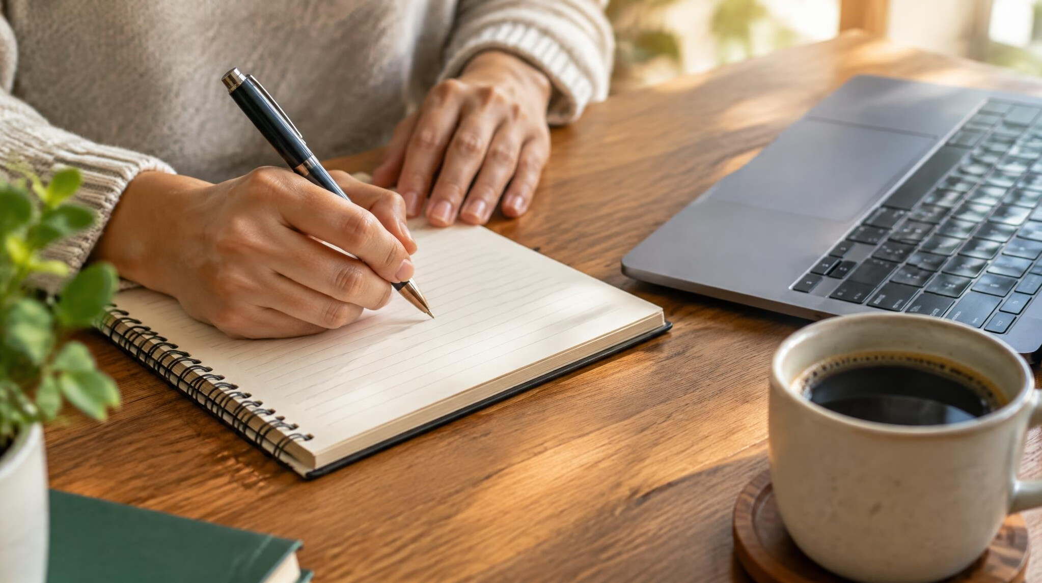 Close up of hands writing notes in a notebook next to a laptop
