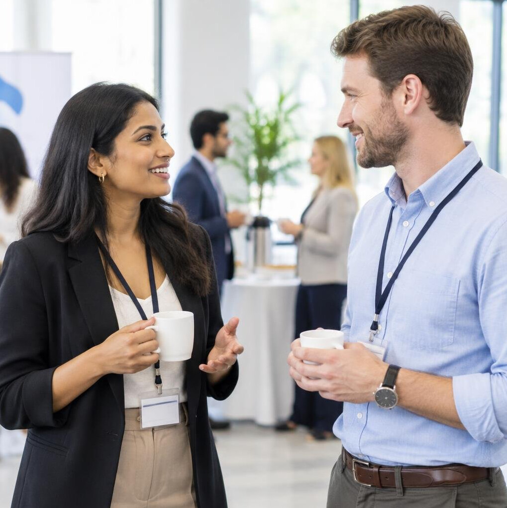 Two colleagues having a friendly conversation during a networking break