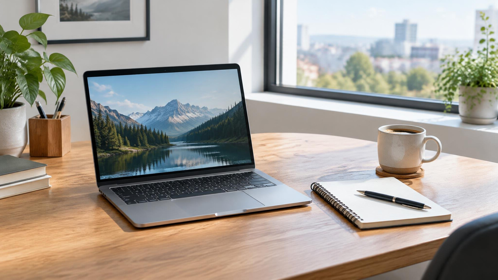 Tidy office desk with a laptop and notebook ready for work