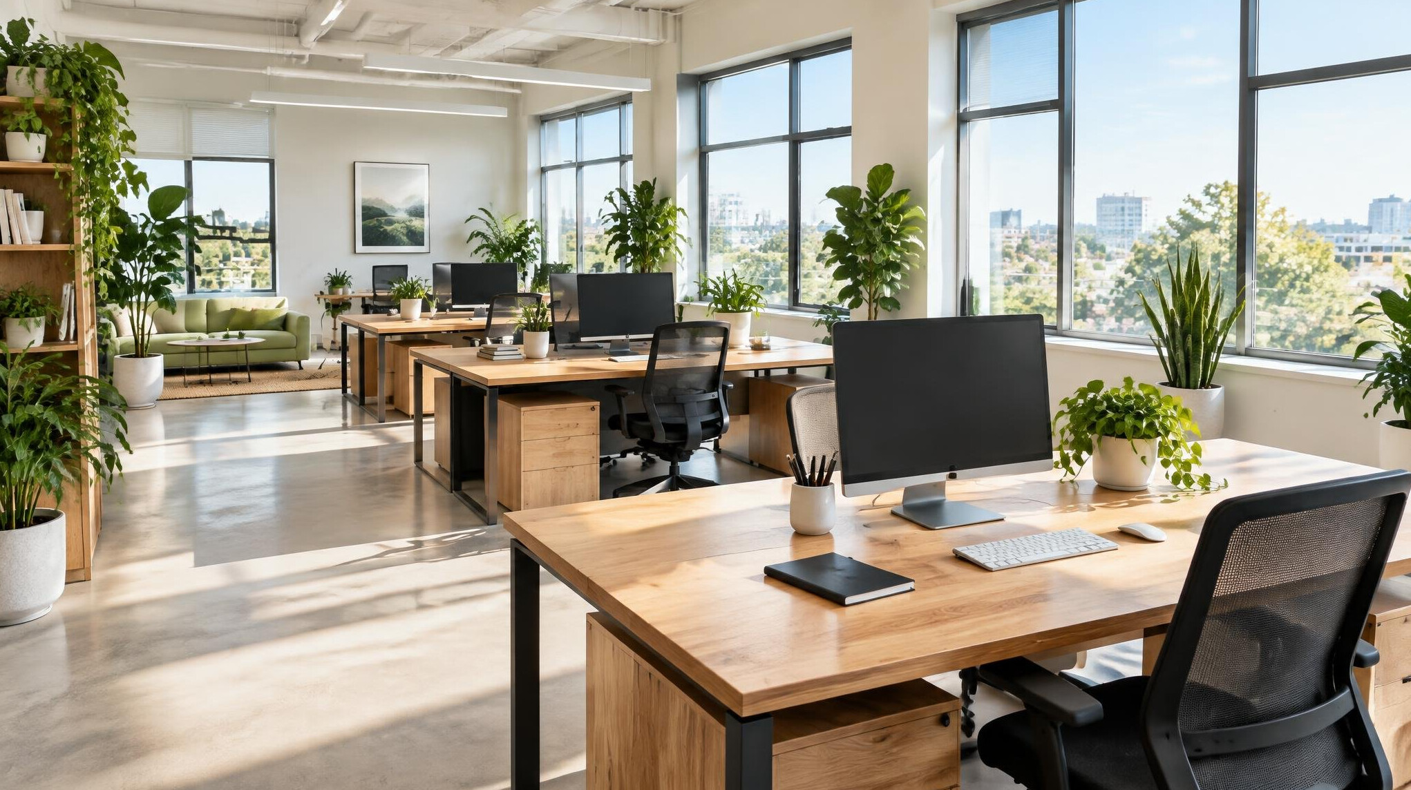 Bright open plan office workspace with desks and plants