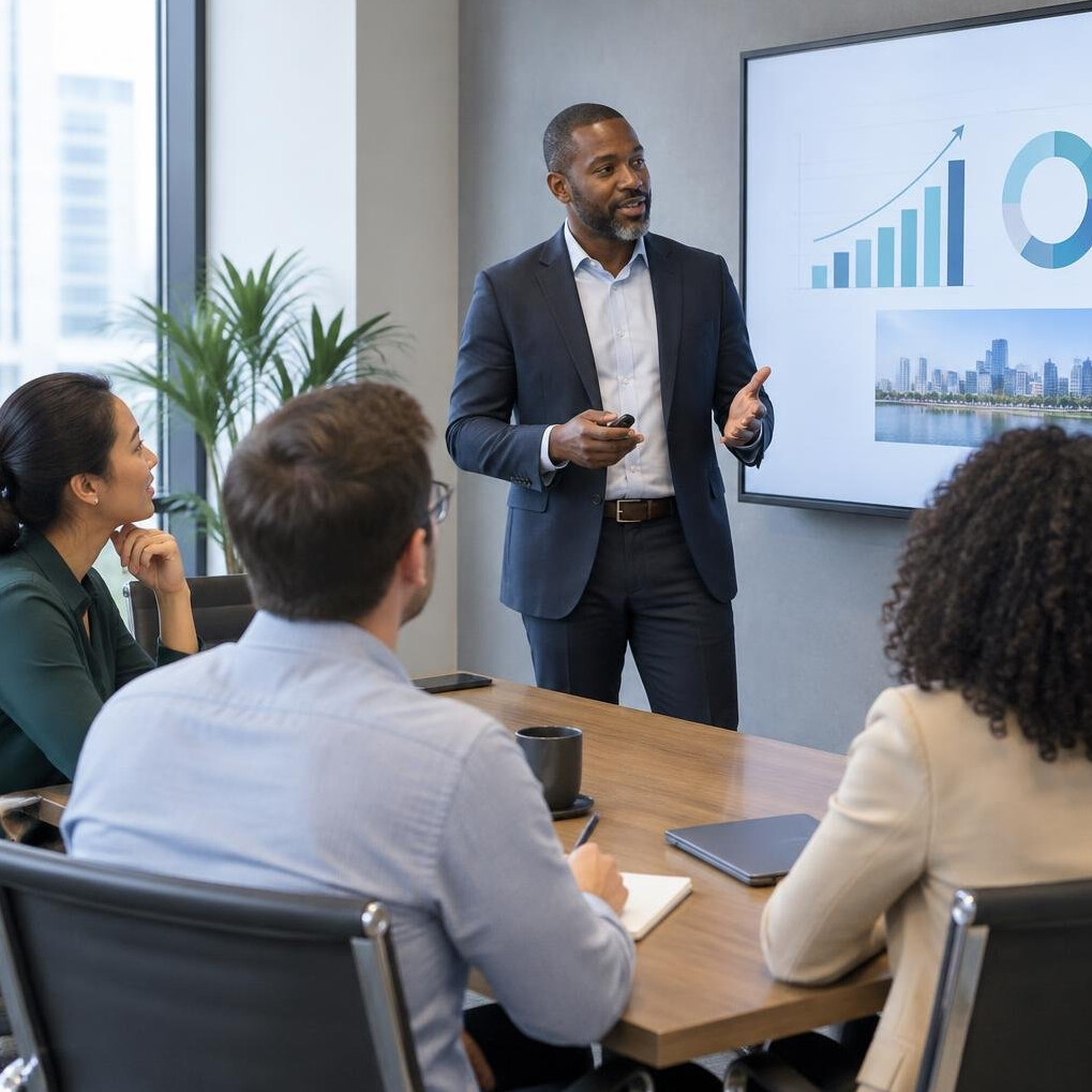 Presenter speaking to a small seated team in a meeting room