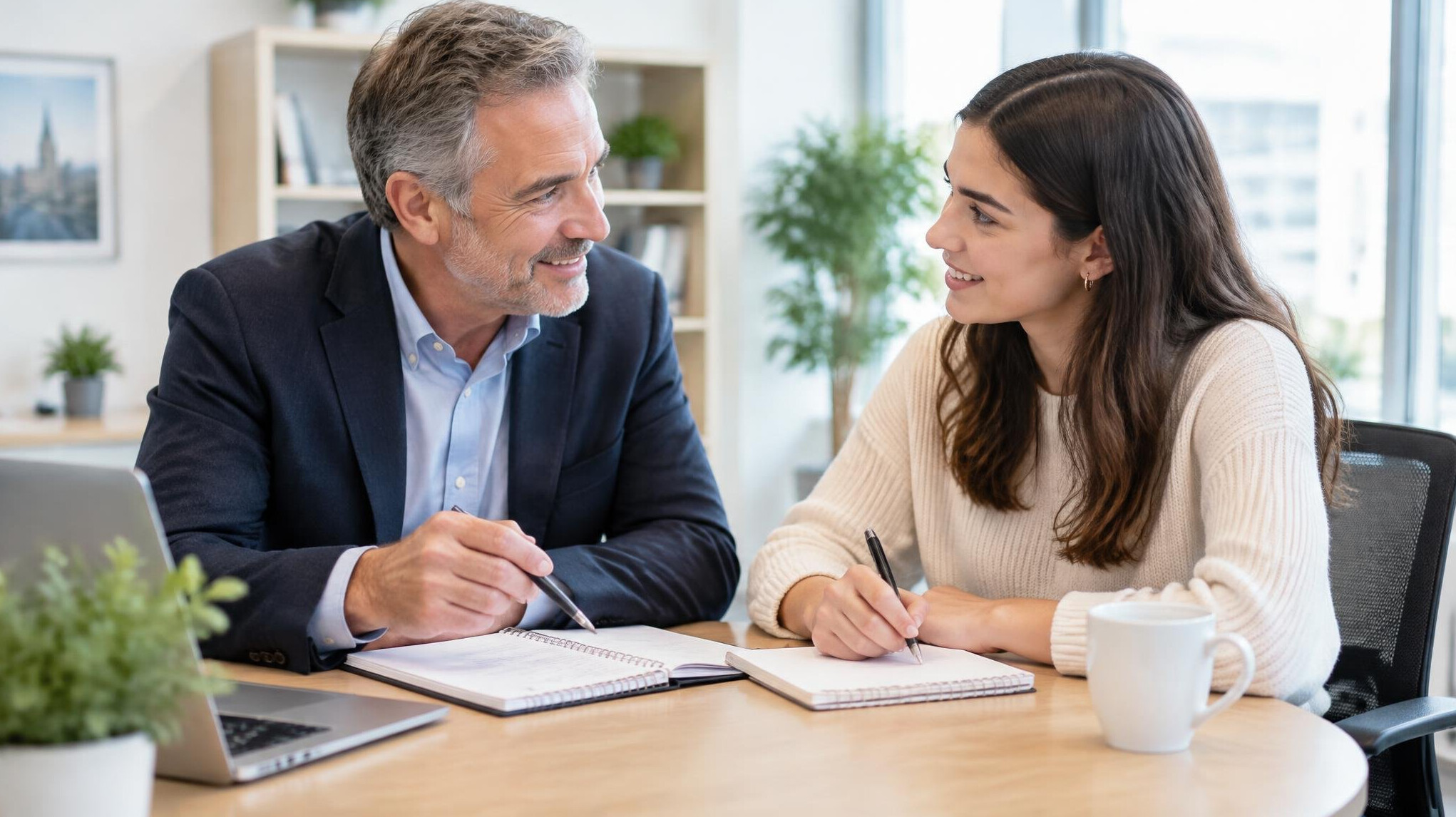 Mentor coaching a colleague one on one in an office