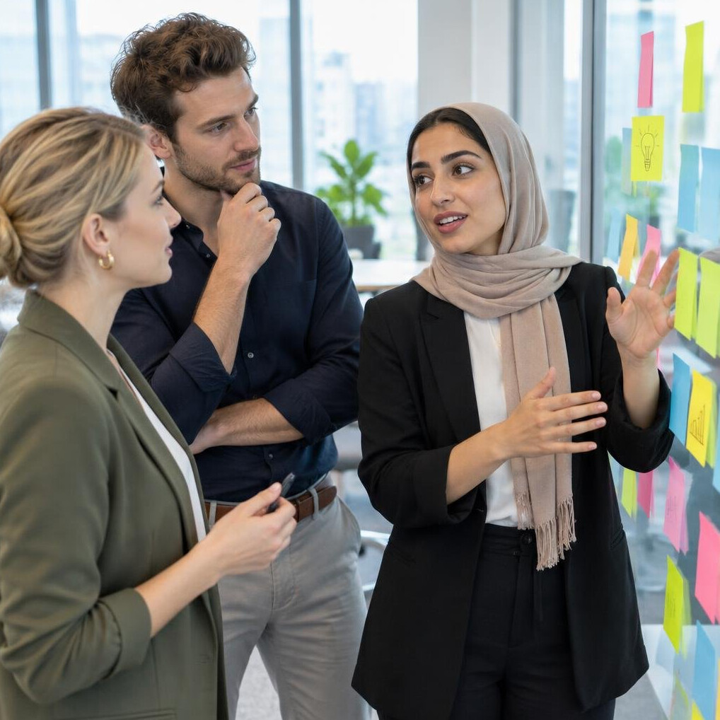 Small team brainstorming with colorful sticky notes on a glass wall